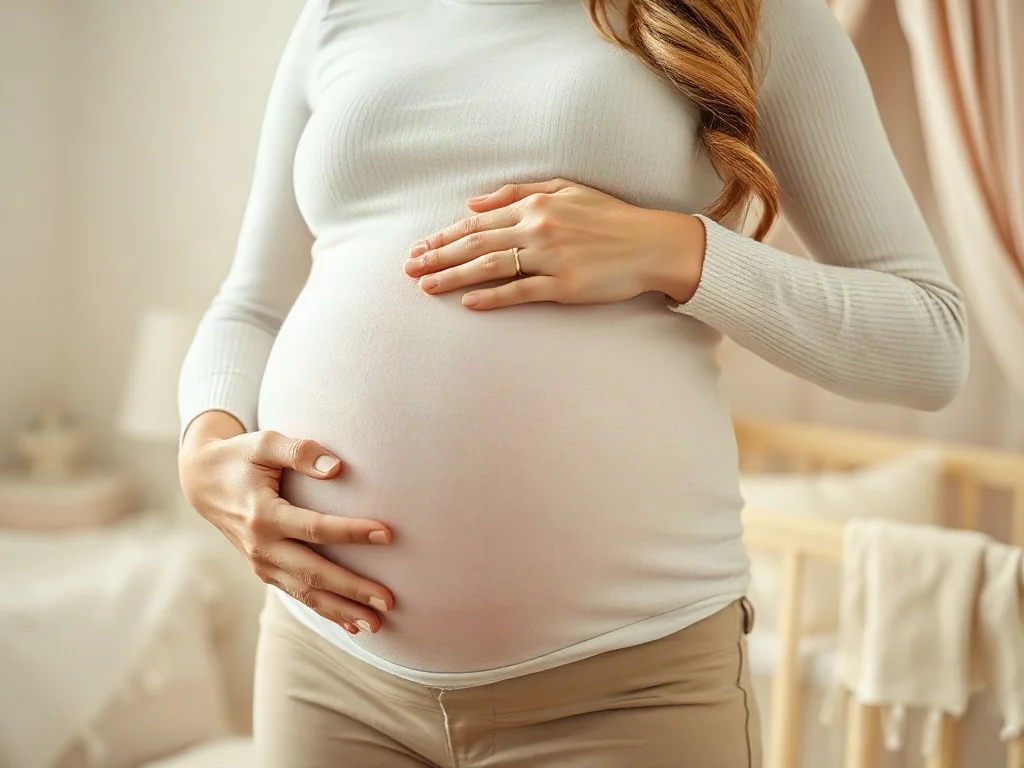 Ciężarna kobieta czule obejmująca swój zaokrąglony brzuch w przytulnym, jasnym wnętrzu pokoju dziecięcego.