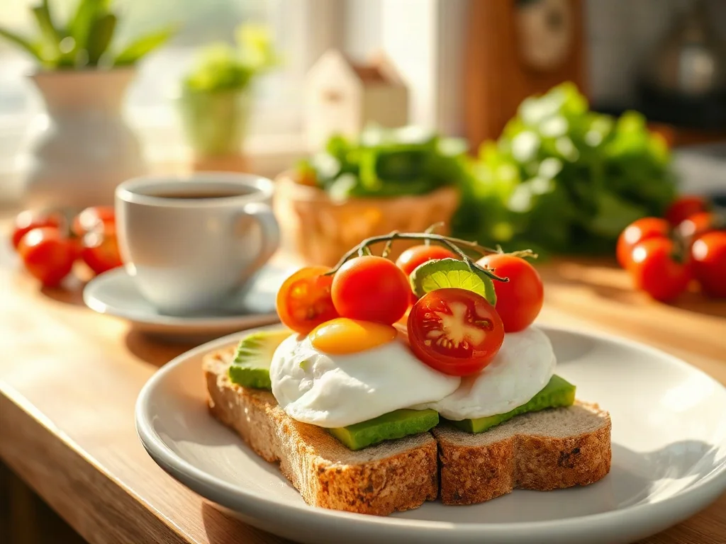 Tost na zakwasie z awokado, jajkiem w koszulce i pomidorkami koktajlowymi jako propozycja na zdrowe śniadanie.