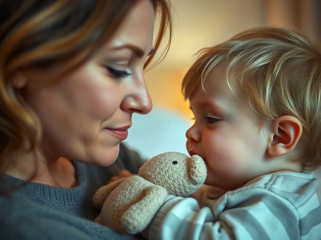 Mama pocieszająca dziecko z bólem zęba, które przytula pluszową zabawkę w przytulnej sypialni.