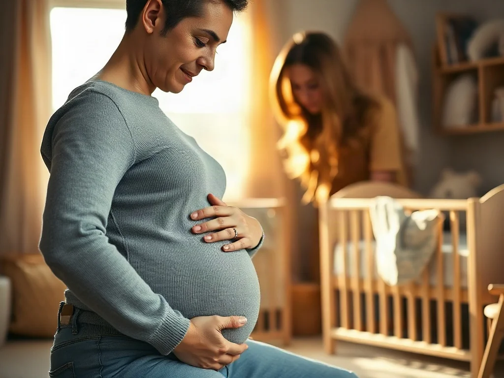 Ciężarna kobieta czule dotykająca brzucha w przytulnym pokoju dziecięcym, symbolizująca więź z rozwijającym się dzieckiem.