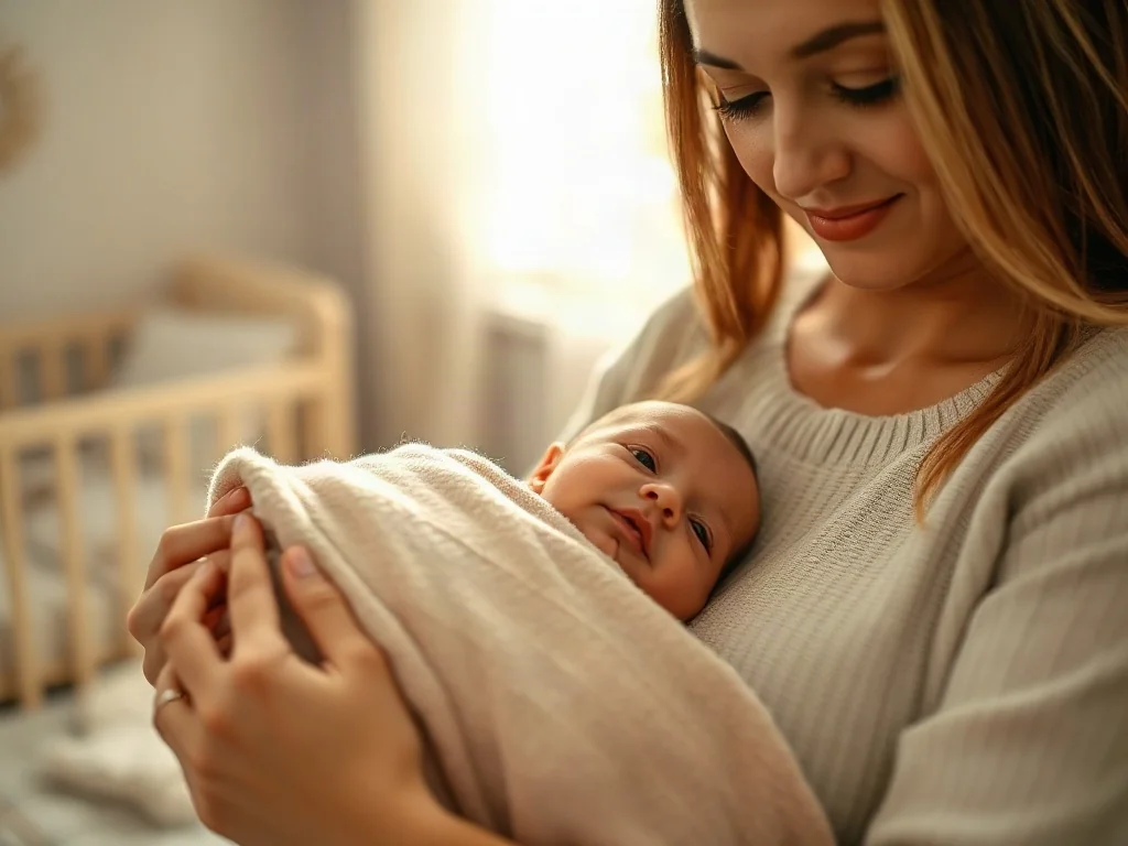 Kobieta delikatnie otula noworodka w miękki, biały rożek w przytulnym, jasnym pokoju dziecięcym.