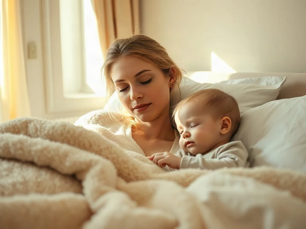 Mama śpiąca spokojnie w łóżku obok swojego małego dziecka w przytulnej, jasnej sypialni.