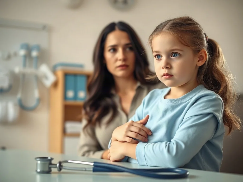 Zaniepokojona matka trzymająca dziecko w nowoczesnym gabinecie pediatrycznym podczas wizyty lekarskiej.