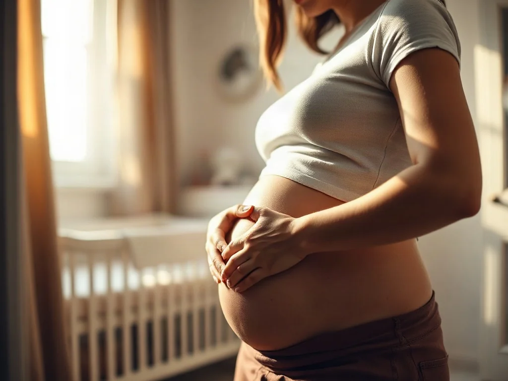 Kobieta w ciąży delikatnie trzymająca dłonie na brzuchu w jasnym, przytulnym pokoju dziecięcym.